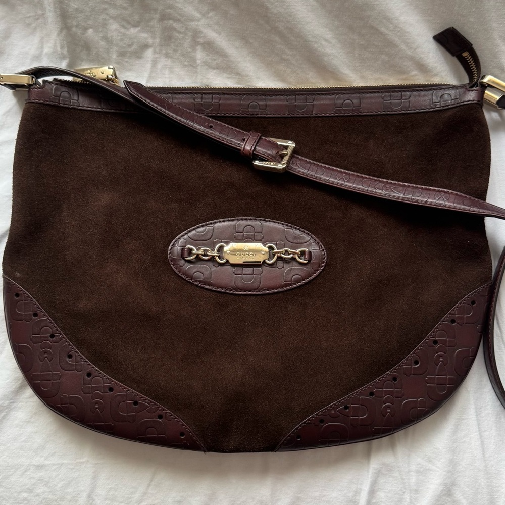 Authentic Gucci Suede Guccissima bag with leather trim and gold tone hardware